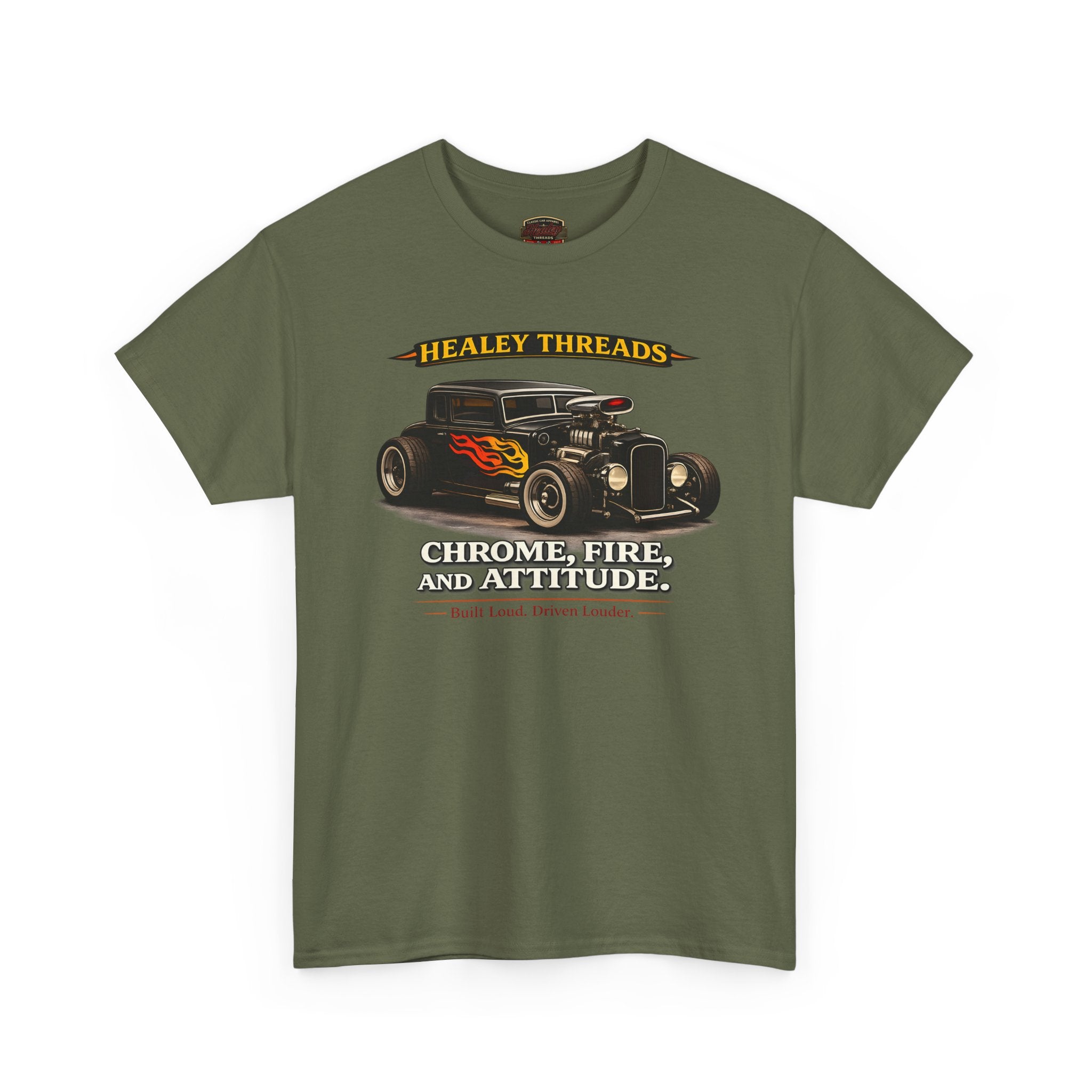 Military green t-shirt with a vintage hot rod car graphic and text on a white background