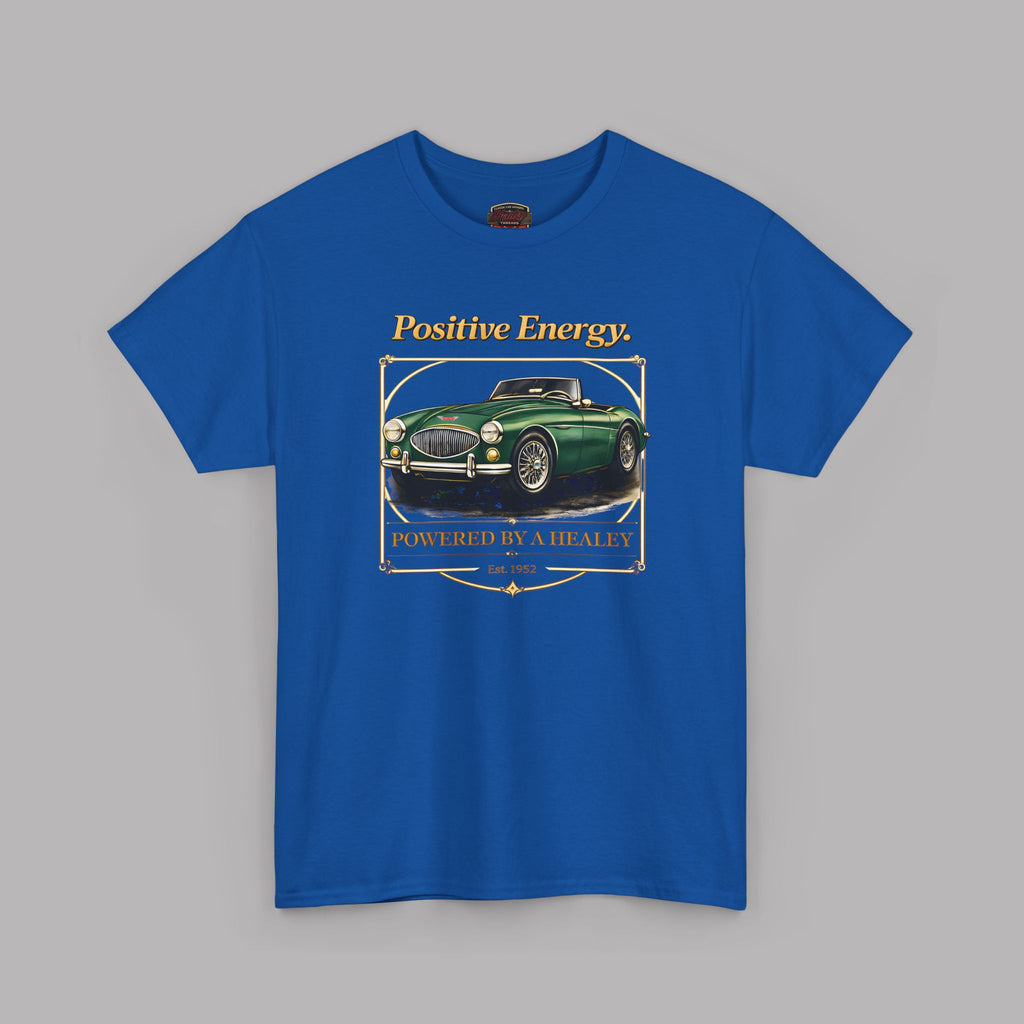 Royal blue t-shirt with a graphic of a green classic car and text on a gray background