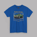 Royal blue t-shirt with a graphic of a green classic car and text on a gray background
