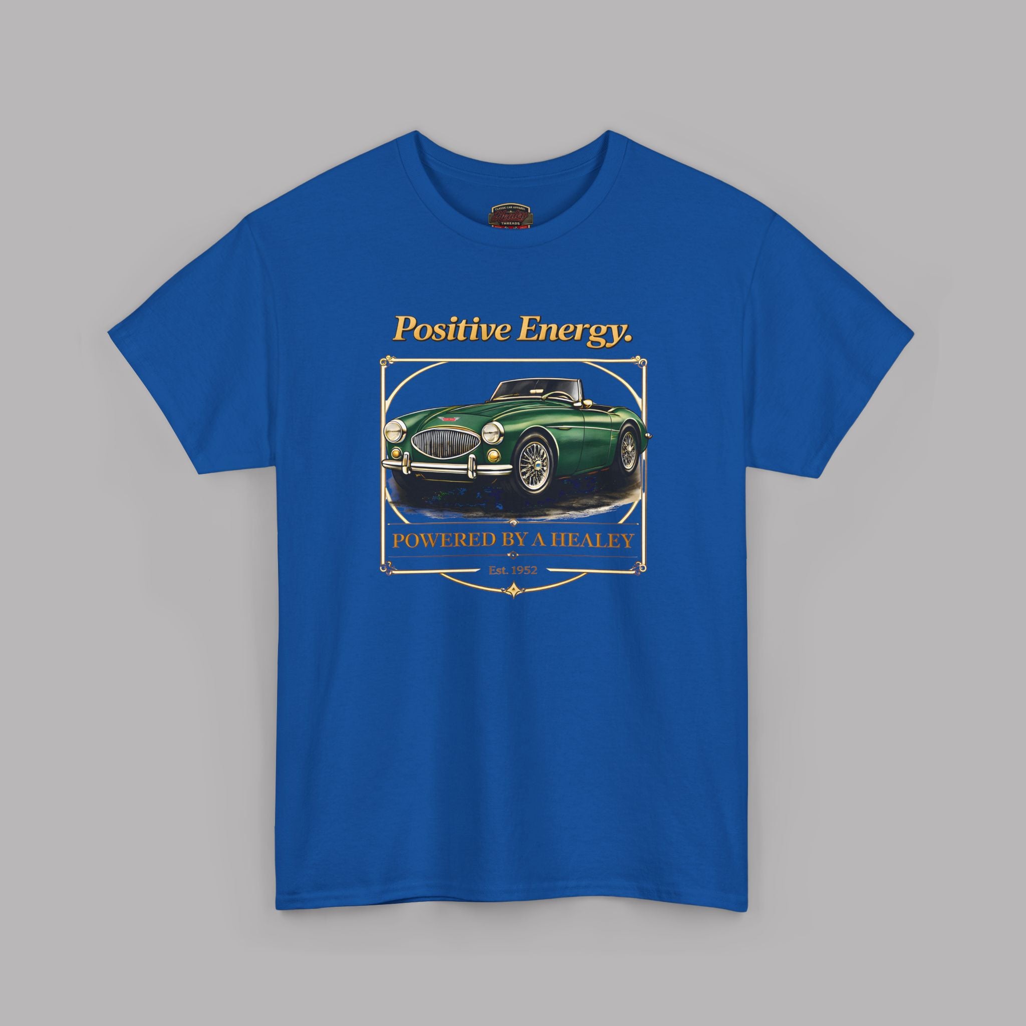 Royal blue t-shirt with a graphic of a green classic car and text on a gray background