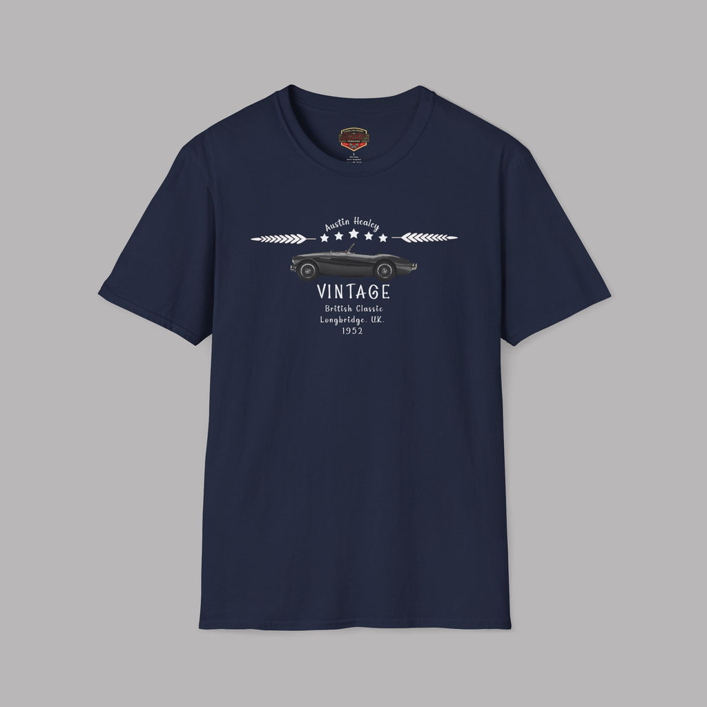 Navy blue t-shirt with a black Austin Healey graphic design on a gray background
