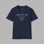 Navy blue t-shirt with a black Austin Healey graphic design on a gray background