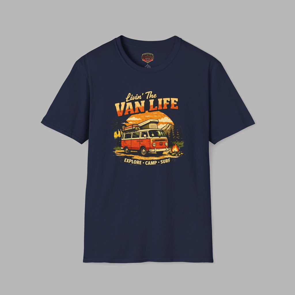 Navy blue t-shirt with 'Van Life' graphic design on a gray background