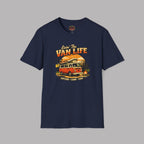 Navy blue t-shirt with 'Van Life' graphic design on a gray background