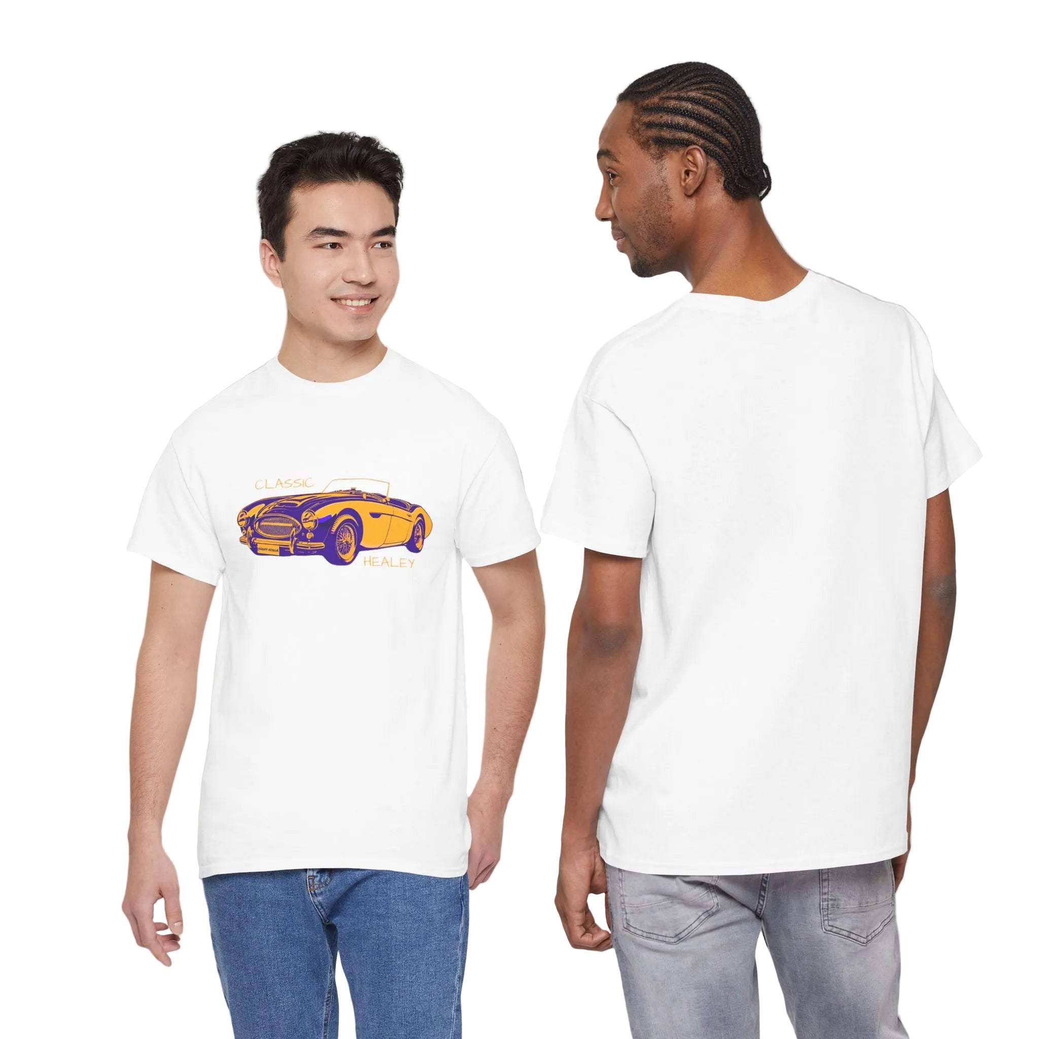 Two people wearing white t-shirts with a yellow car graphic on a white background