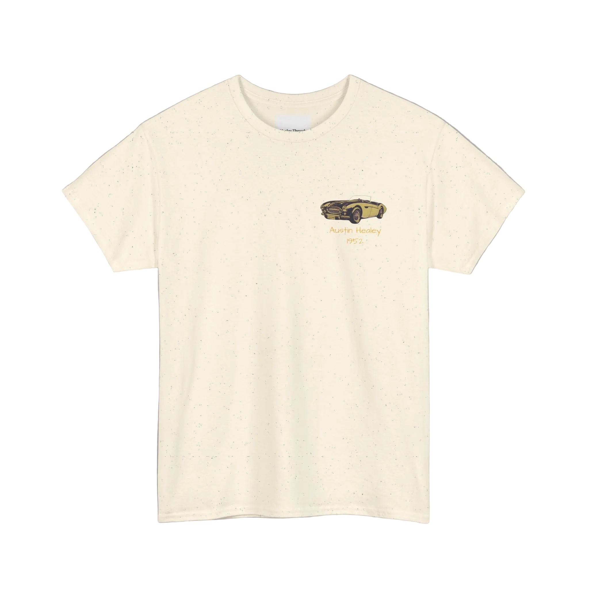 Beige t-shirt with a car graphic on a white background