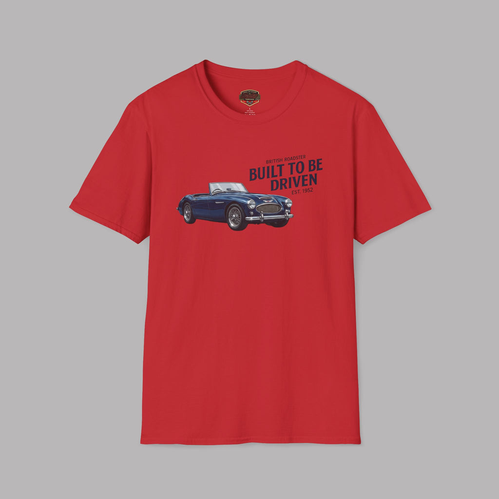 Red t-shirt with a Healey car graphic and text on a gray background