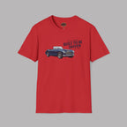 Red t-shirt with a Healey car graphic and text on a gray background
