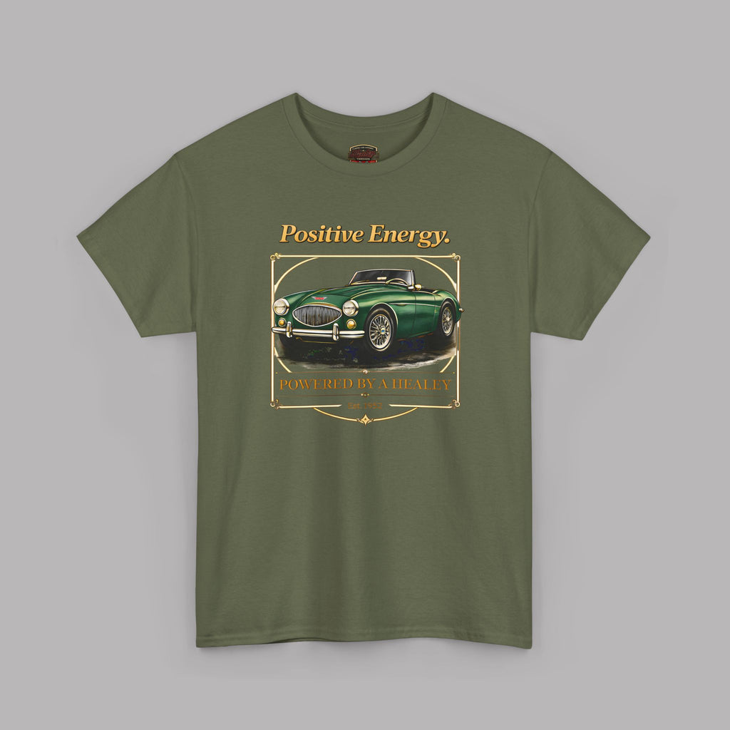 Military green t-shirt with a vintage car graphic and text on a gray background