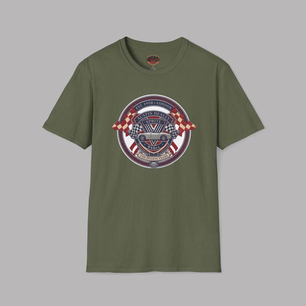 Military green t-shirt with a circular Healey Sprite emblem featuring flags on a gray background