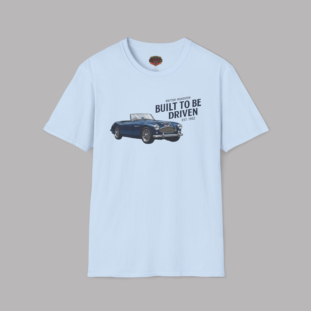 Light blue t-shirt with a Healey car graphic and text on a gray background