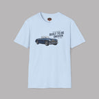Light blue t-shirt with a Healey car graphic and text on a gray background
