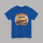 Royal blue t-shirt with a 1962 vintage van graphic and text on a gray background
