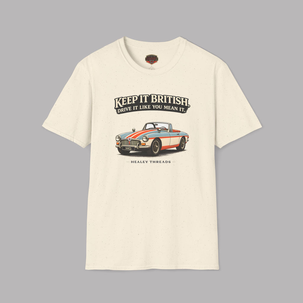 Natural t-shirt with a graphic of a classic MGB car and text on a gray background