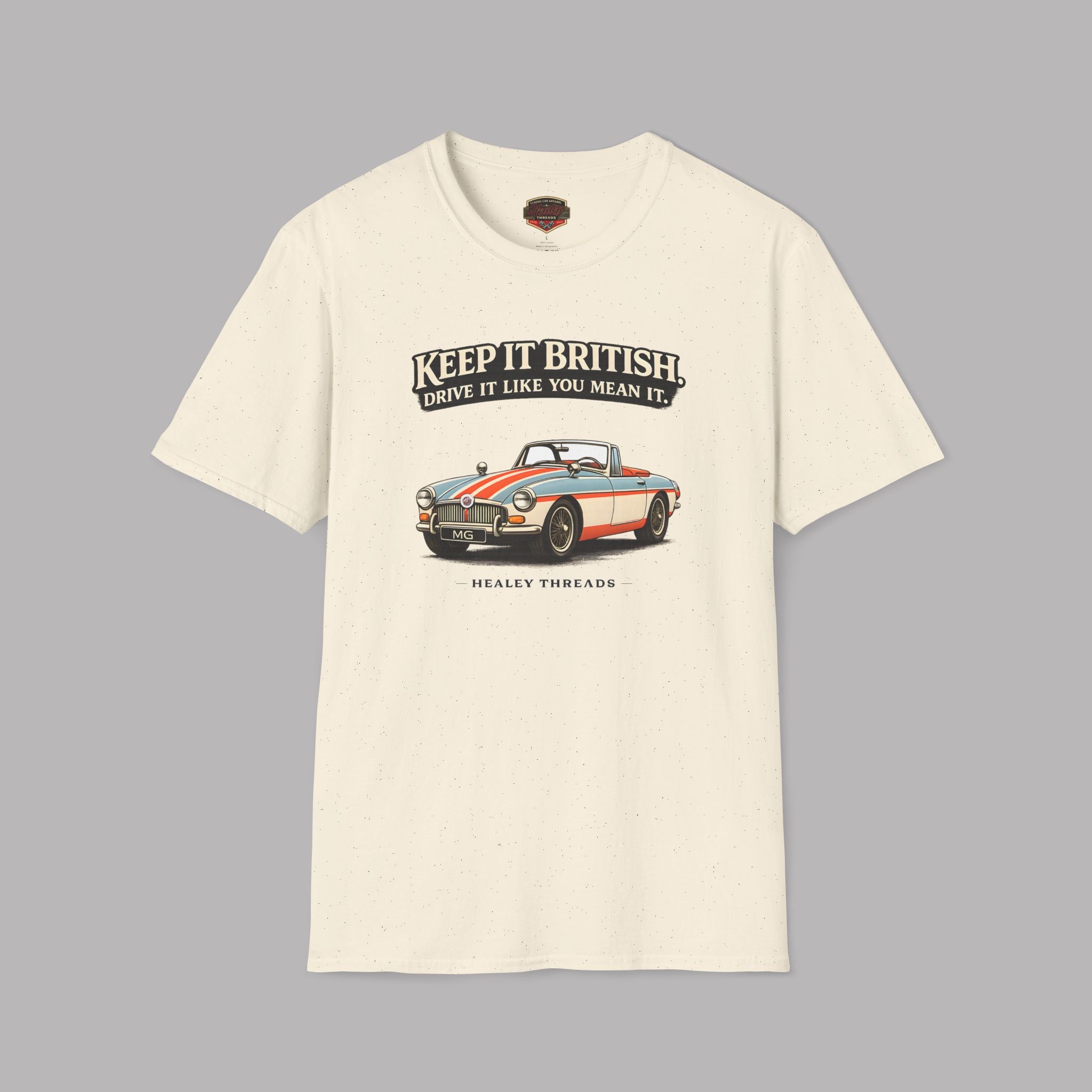 Natural t-shirt with a graphic of a classic MGB car and text on a gray background