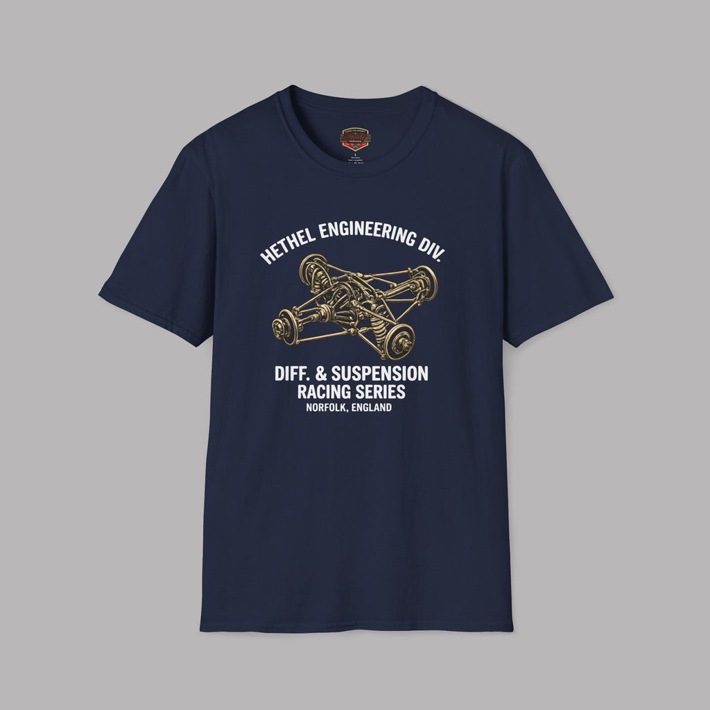 Navy blue t-shirt with automotive graphic and text on a gray background
