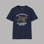 Navy blue t-shirt with automotive graphic and text on a gray background