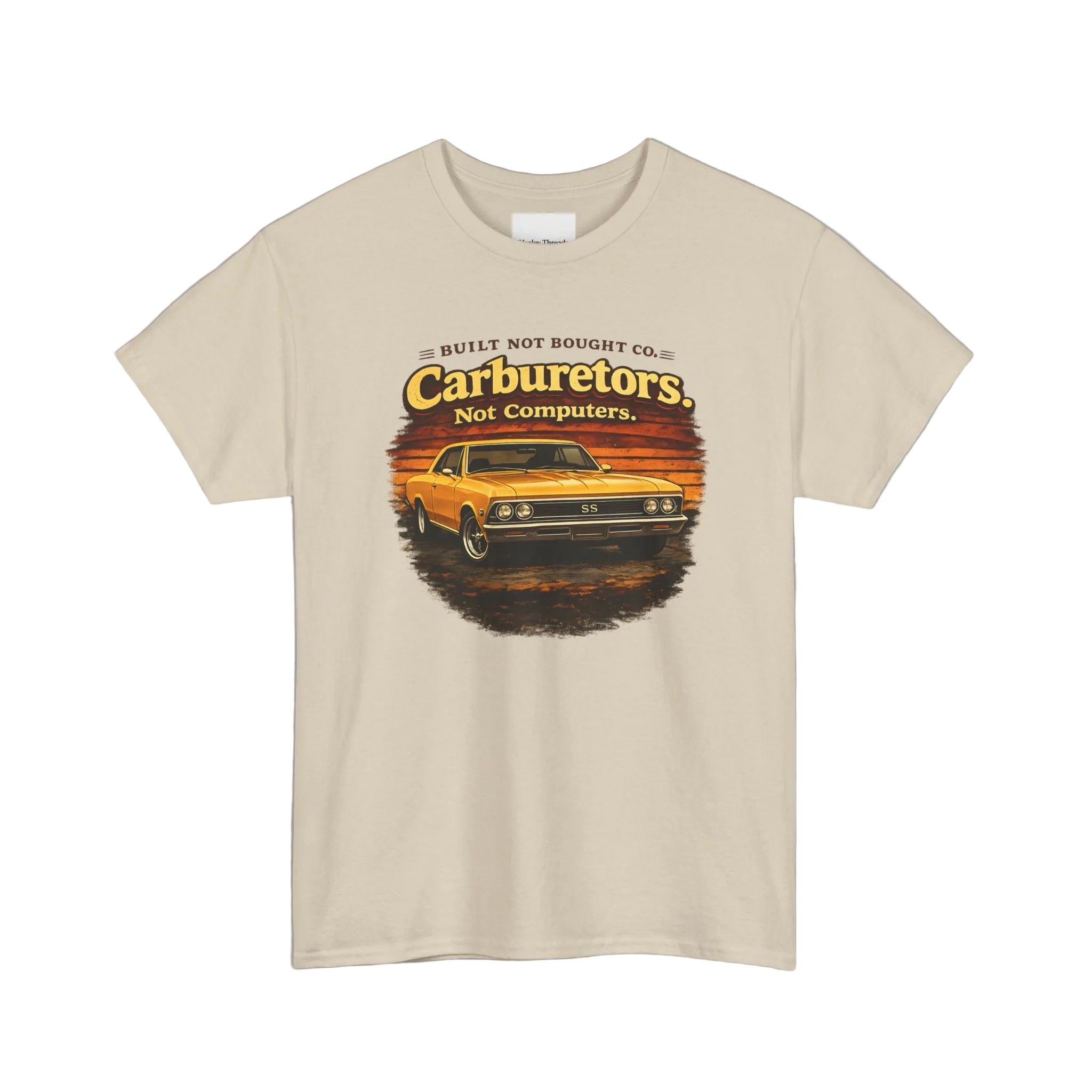 Beige t-shirt with a graphic of a car and text on a white background