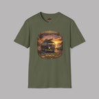 Vintage 1965 surfer van military green t-shirt with retro beach sunset graphic and “Chase Sunsets. Find Yourself.”