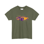 Military green t-shirt with a classic car graphic and text on a white background