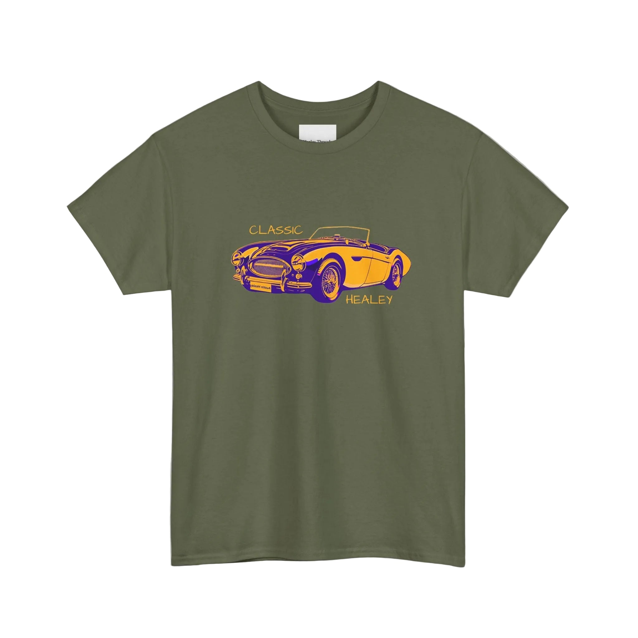 Military green t-shirt with a classic car graphic and text on a white background