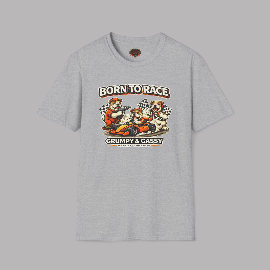 Sport gray t-shirt with cartoon bears racing and 'Born to Race' text on a gray background
