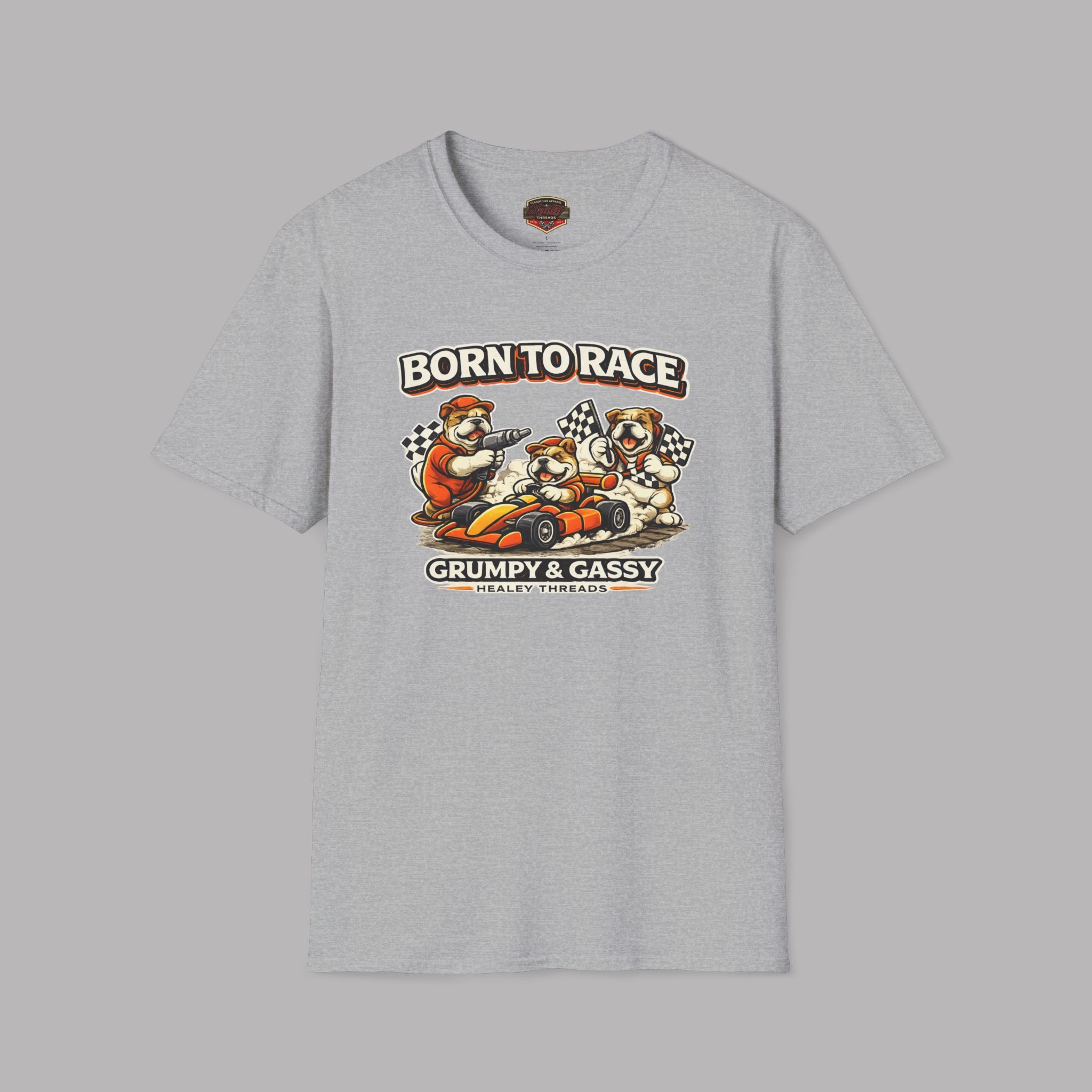 Sport gray t-shirt with cartoon bears racing and 'Born to Race' text on a gray background