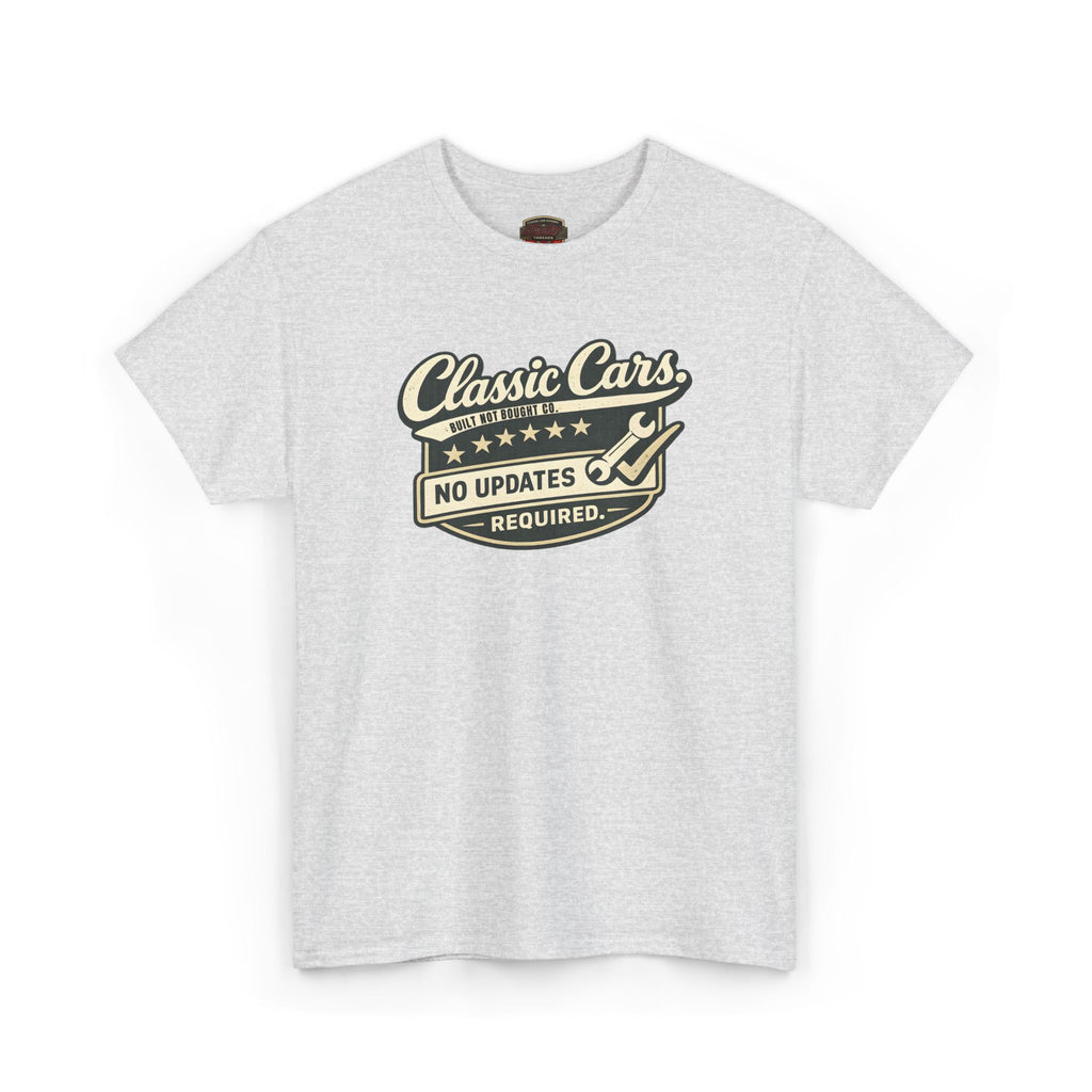 Ash t-shirt with 'Classic Cars No Updates Required' text and graphic on a white background
