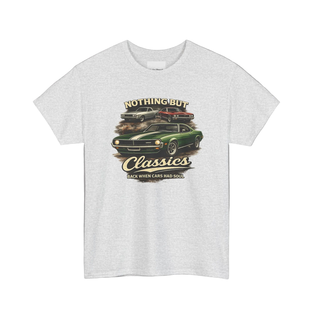 Ash gray t-shirt with a graphic of classic cars and text on a white background
