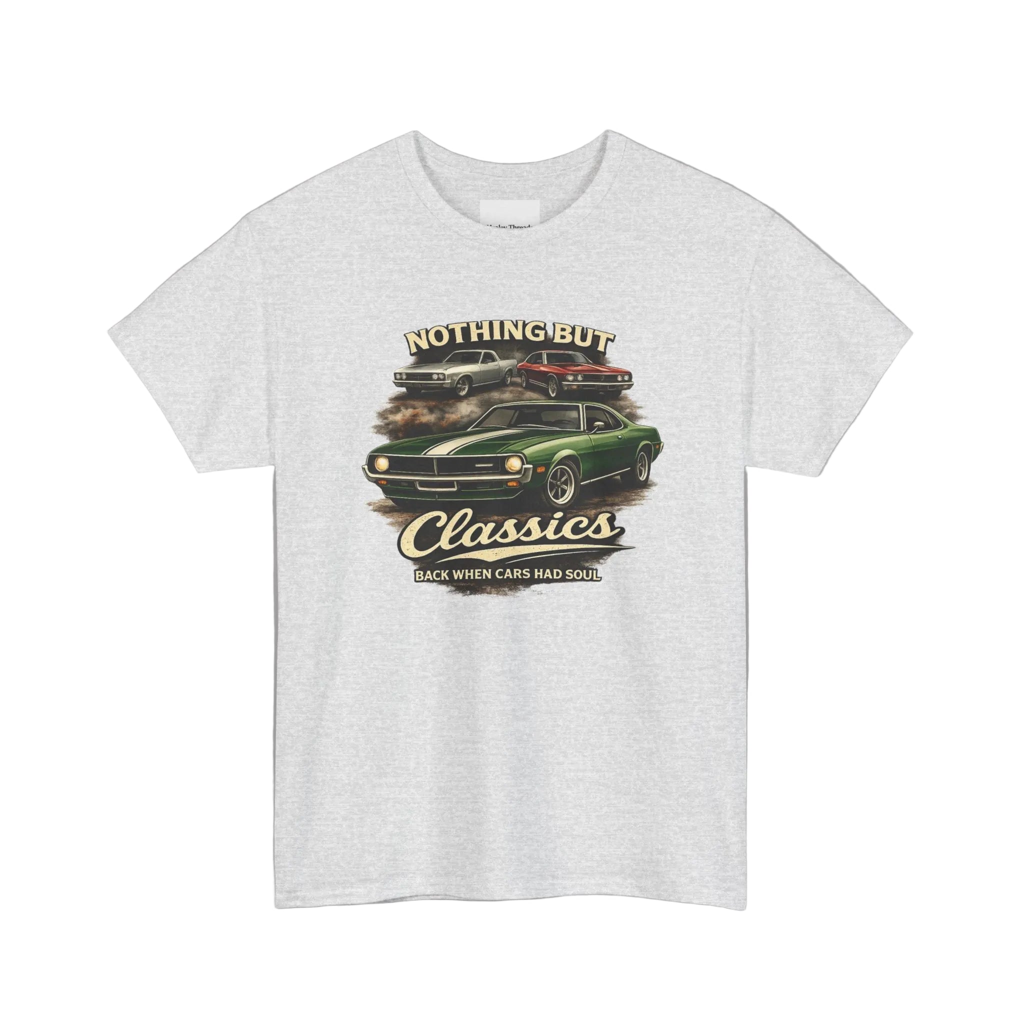 Ash gray t-shirt with a graphic of classic cars and text on a white background