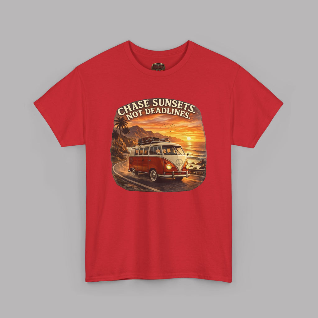 Red t-shirt with a graphic of a classic van and sunset text on a gray background