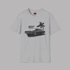 Sport gray t-shirt with a graphic of a muscle car and palm trees on a gray background