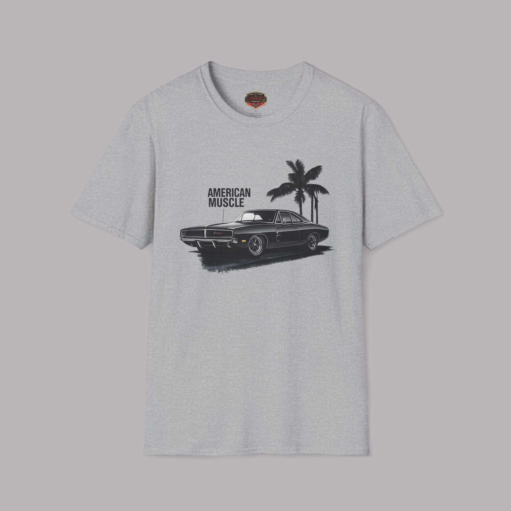 Sport gray t-shirt with a graphic of a muscle car and palm trees on a gray background
