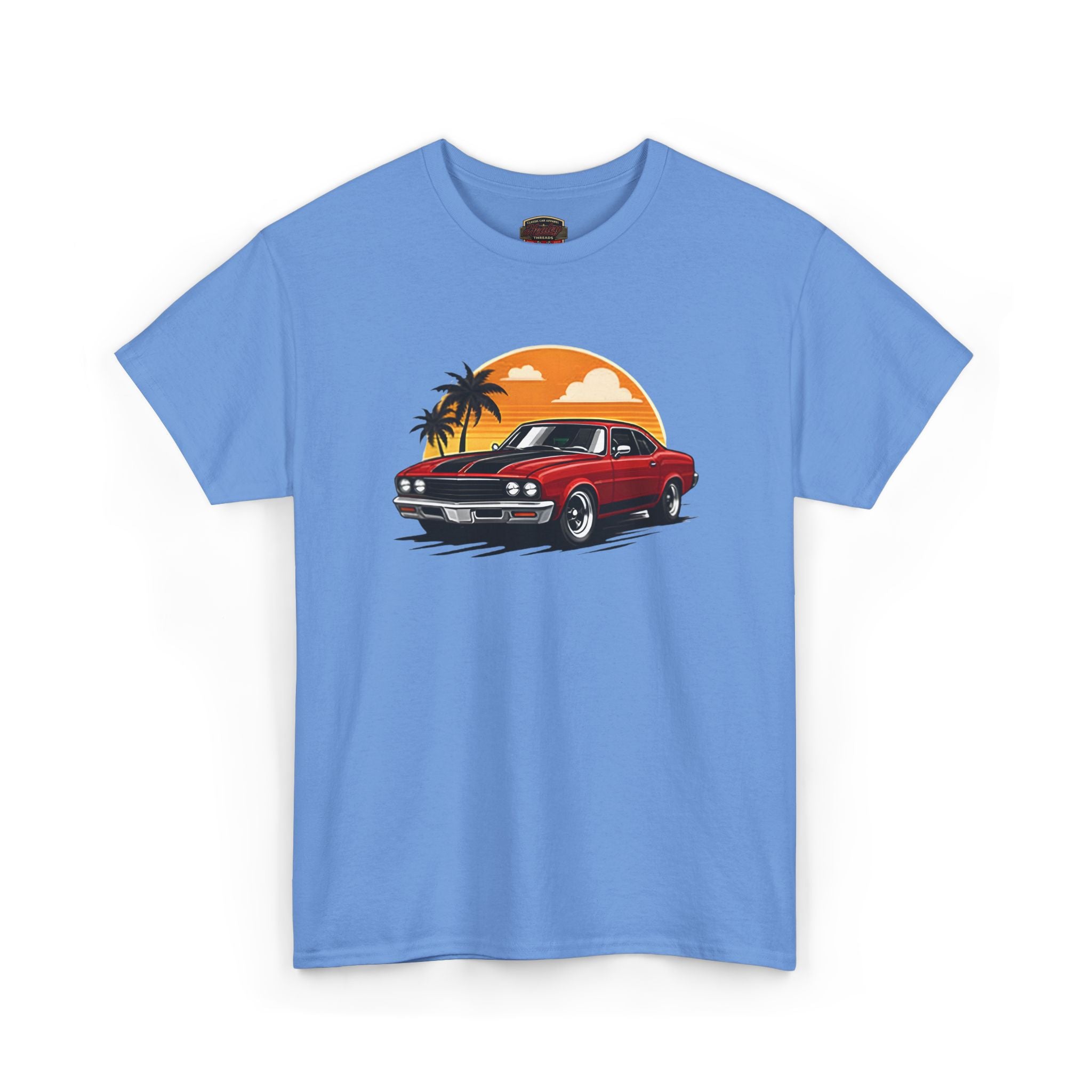 Blue t-shirt with a red car and sunset graphic on a white background