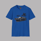 Royal blue t-shirt with a graphic of a muscle car and palm trees on a gray background