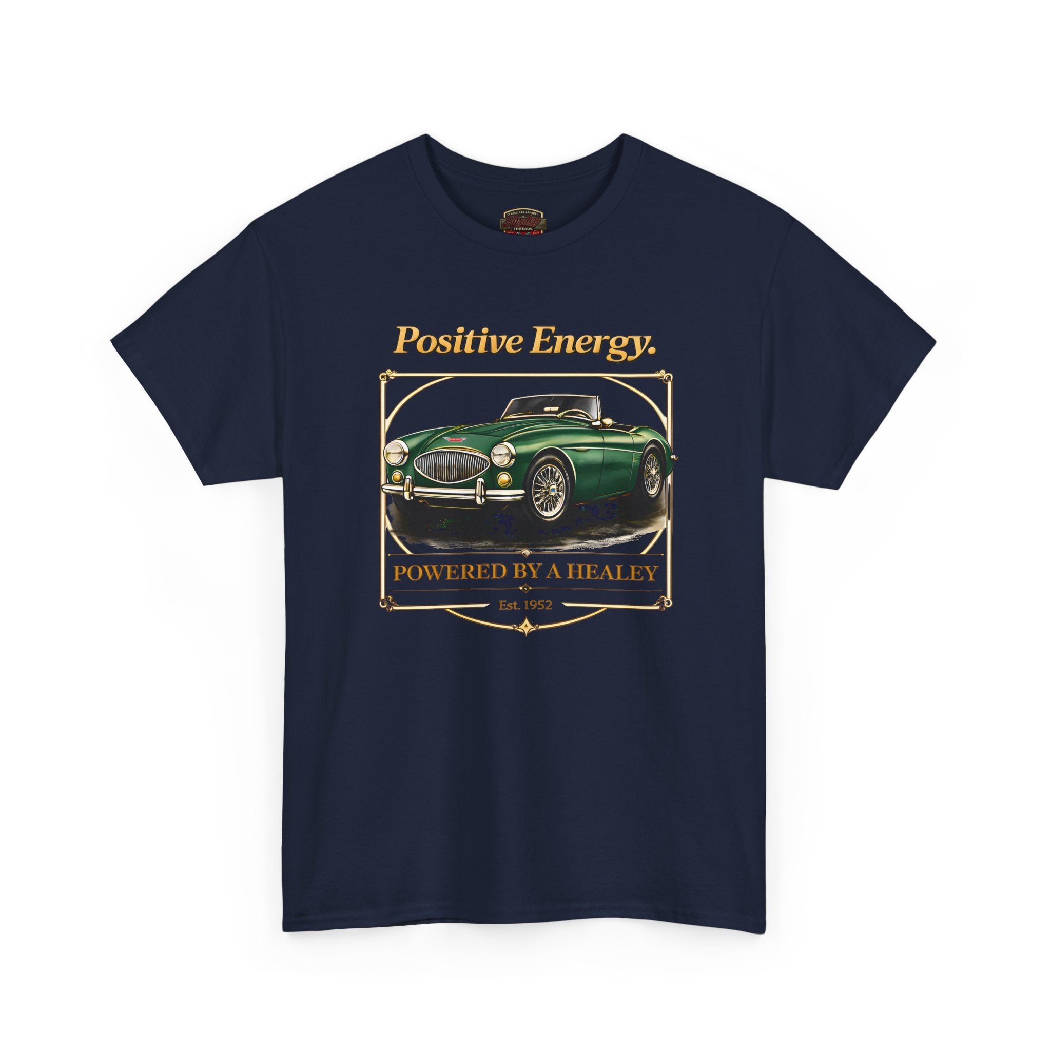 Navy blue t-shirt with a vintage car graphic and text on a white background