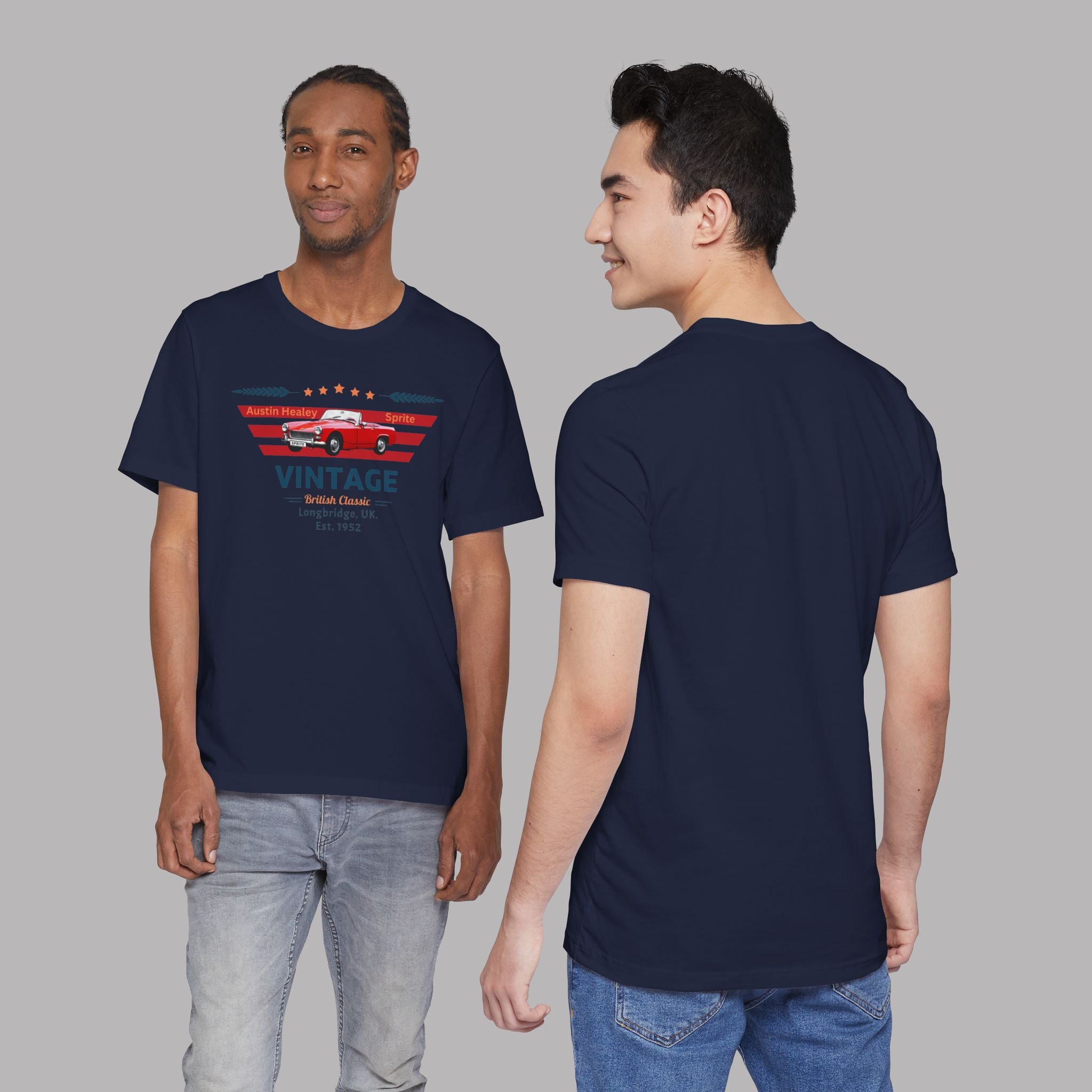 Two people wearing navy blue t-shirts with a classic car graphic design on a gray background