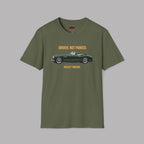 Military green t-shirt with classic car graphic and text on a gray background