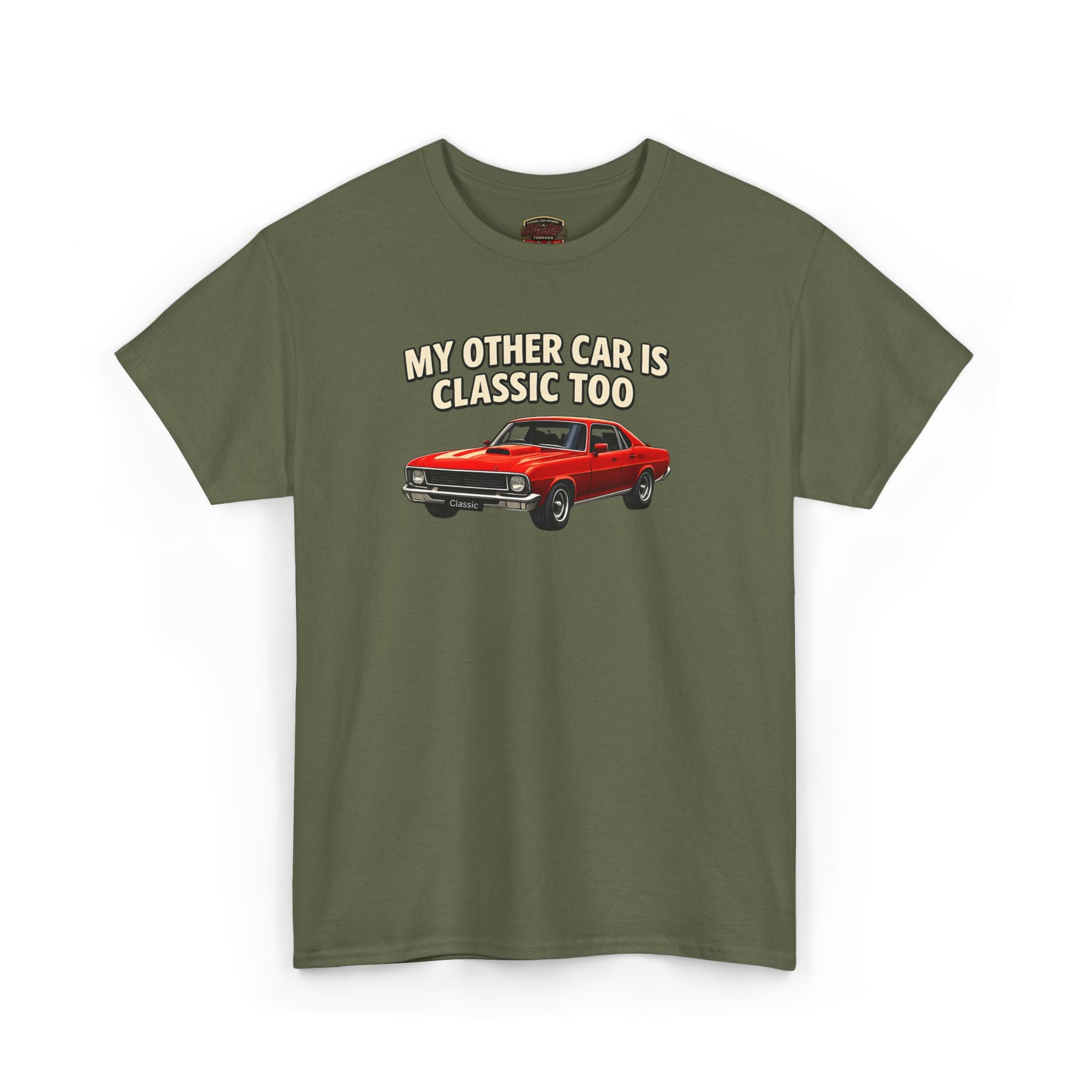 Green t-shirt with red car graphic and text on a white background