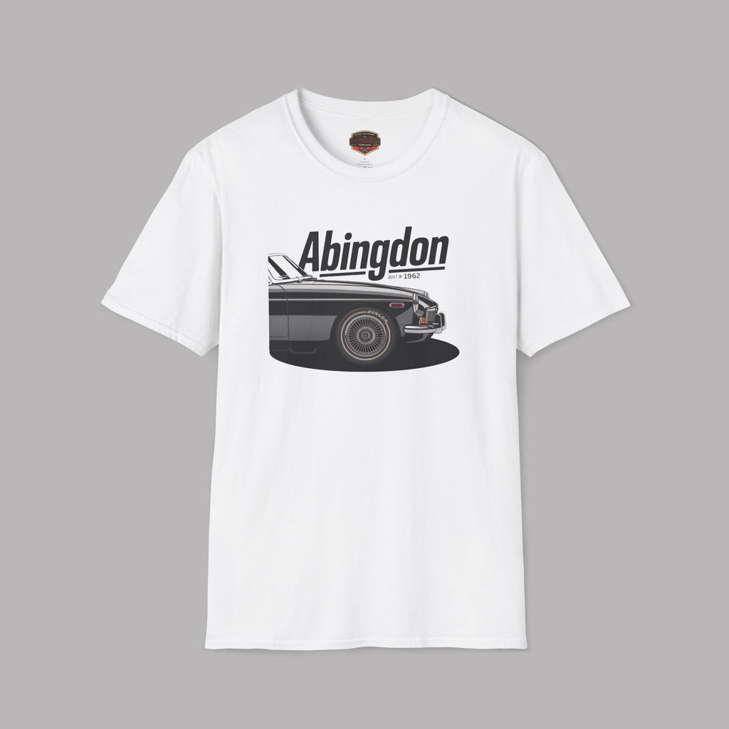 White t-shirt with a graphic of a classic car and 'Abingdon' text on a gray background