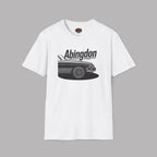 White t-shirt with a graphic of a classic car and 'Abingdon' text on a gray background