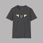 Austin Healey winged badge logo with navy and gold circular emblem, heraldic shield, and cream wings on a dark heather t-shirt flat on gray background
