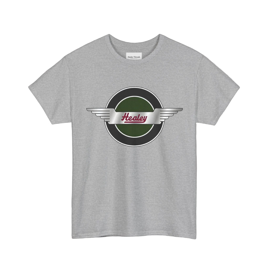 Gray t-shirt with a  healey logo on a white background