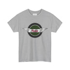 Gray t-shirt with a  healey logo on a white background