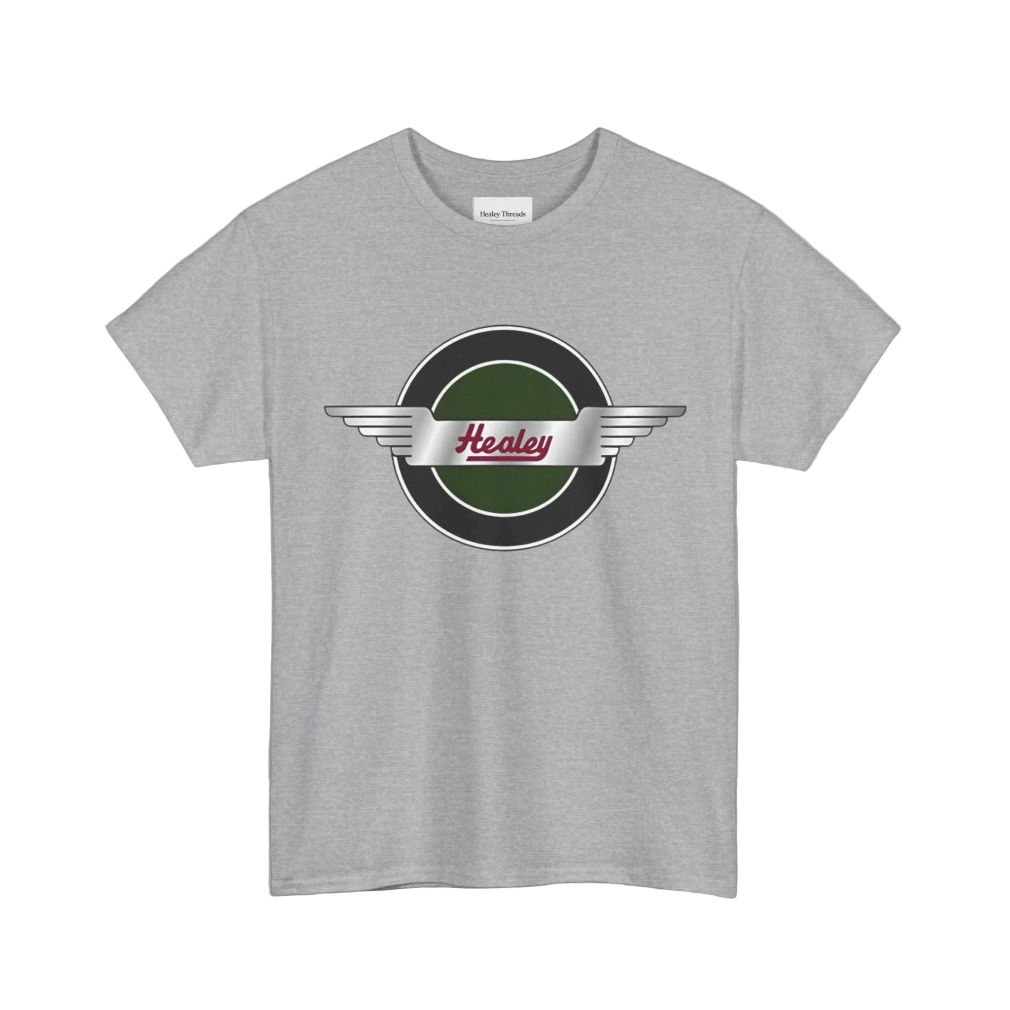 Gray t-shirt with a  healey logo on a white background