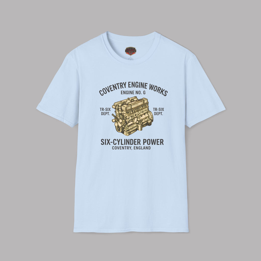 Light blue t-shirt with coventry engine graphic and text on a gray background