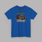 Royal blue t-shirt with a graphic of a hot rod car and text on a gray background
