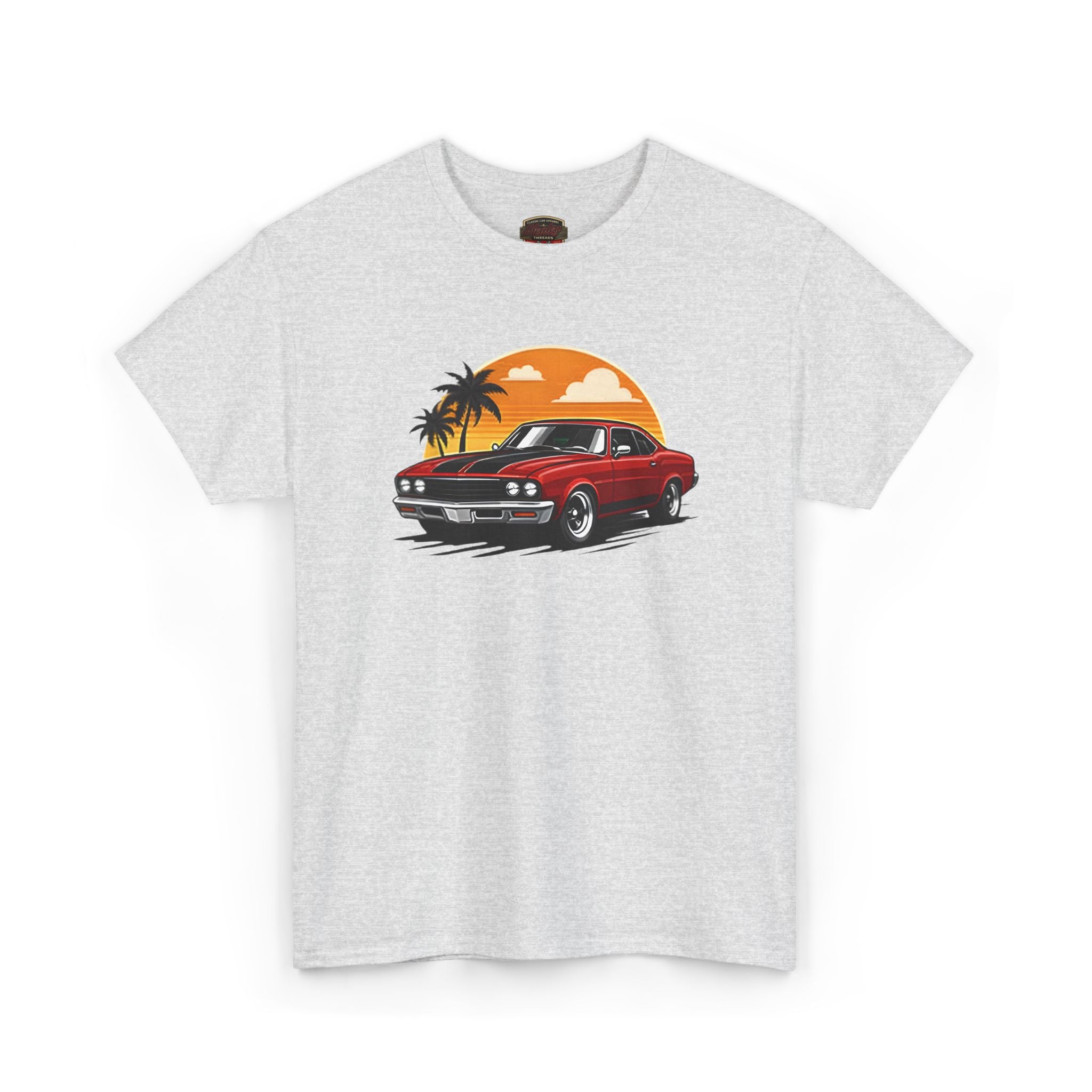 Ash gray t-shirt with a red car and sunset graphic on a white background.