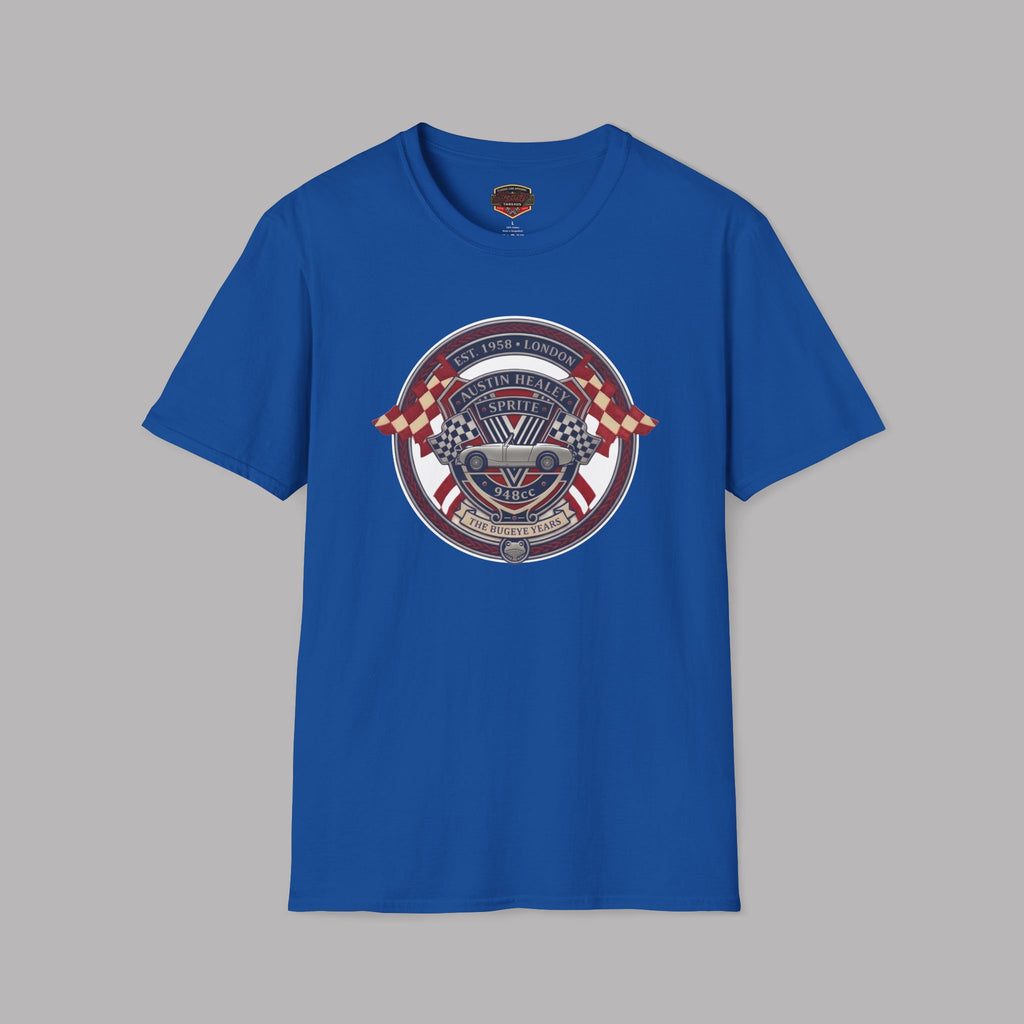 Royal blue t-shirt with a graphic Healey Sprite design on a gray background