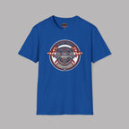 Royal blue t-shirt with a graphic Healey Sprite design on a gray background